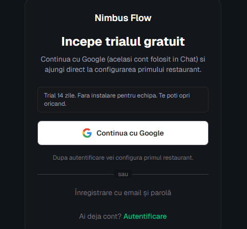 Ecranul de signup Nimbus Flow cu butonul Continua cu Google.