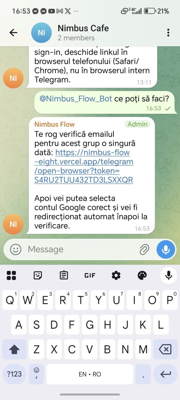 Conversație Telegram in care echipa interactioneaza cu botul pentru verificari.